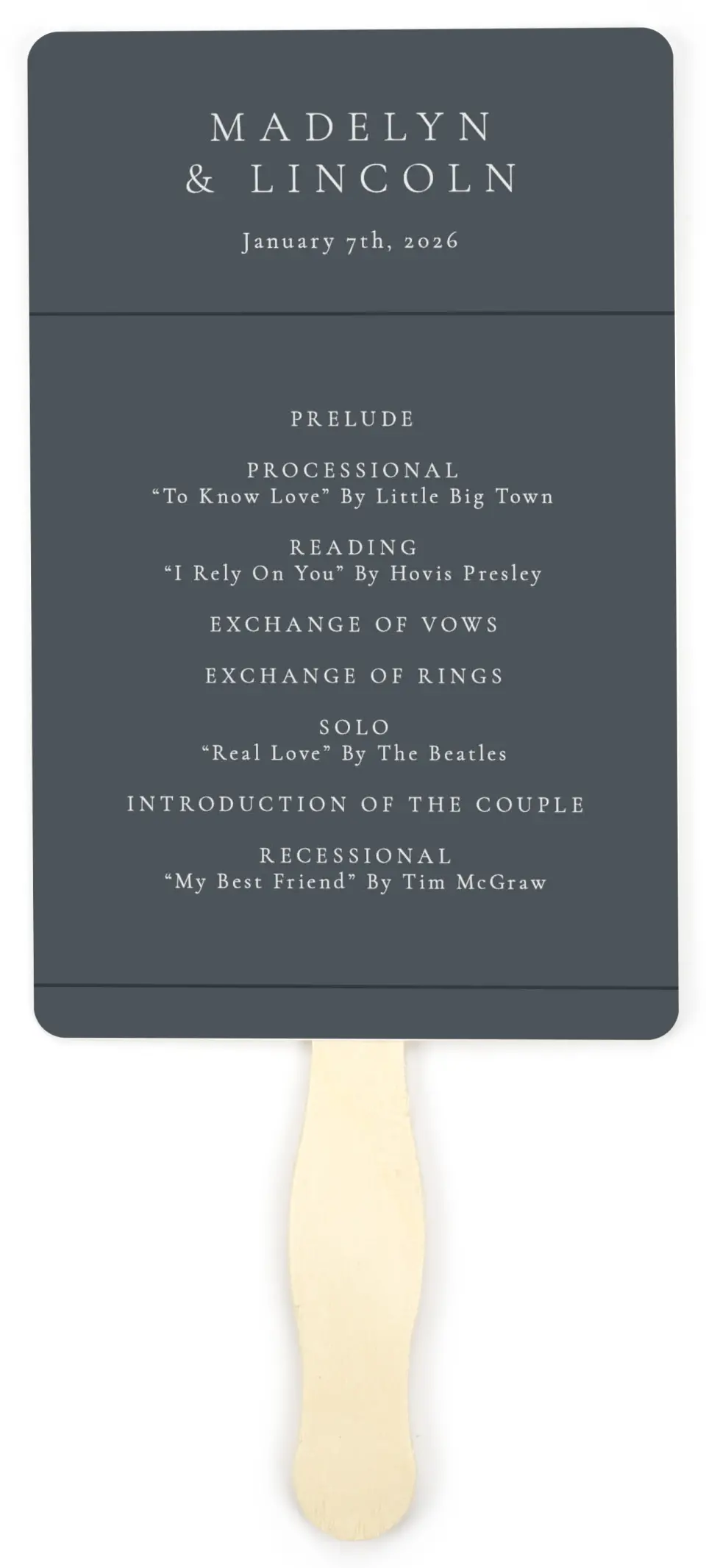 This is a 5" x 7⅞" Wedding Program Fan called Subtle Wreath printed in full color on Premium Smooth paper