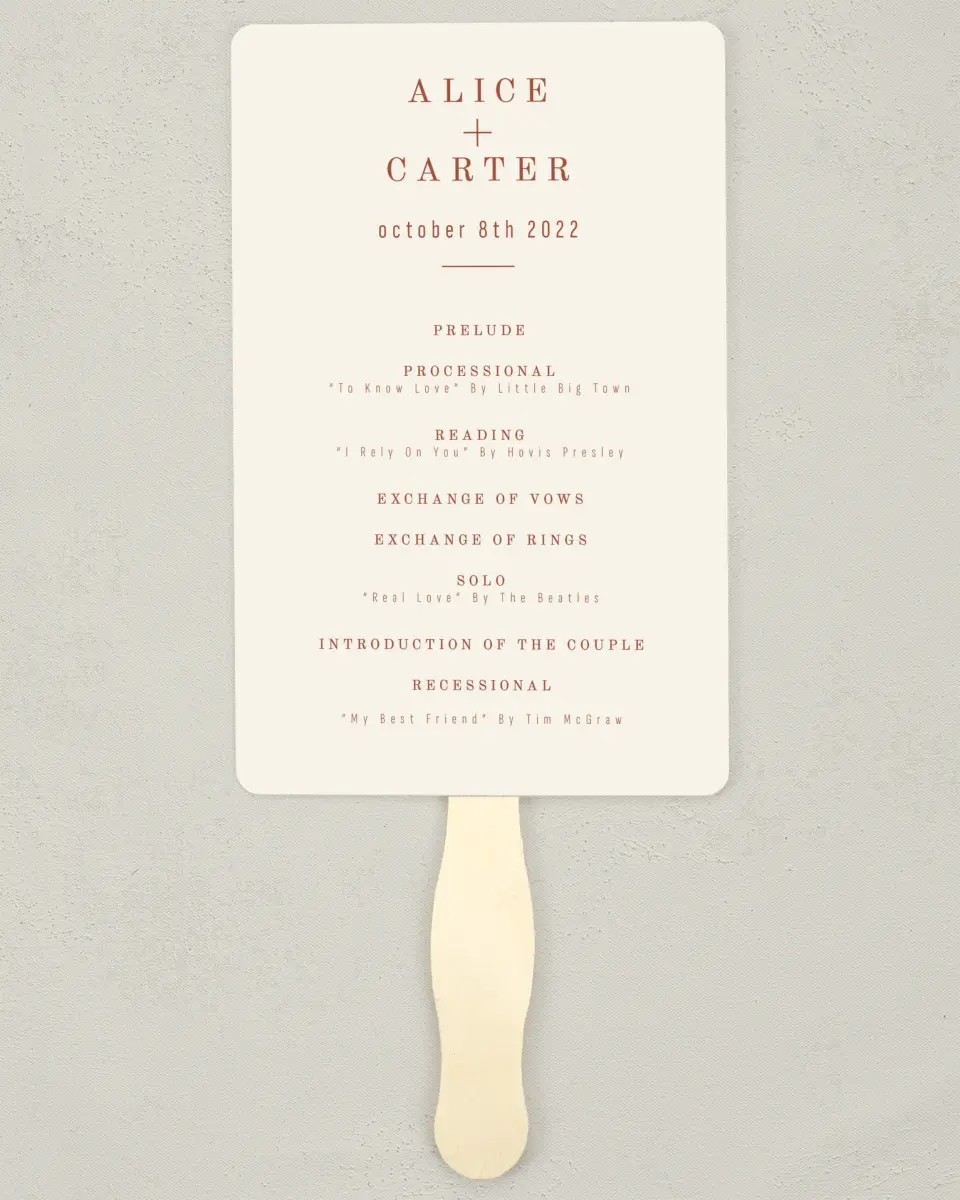 This is a 5" x 7⅞" Wedding Program Fan called Turning Leaves printed in full color on Premium Smooth paper
