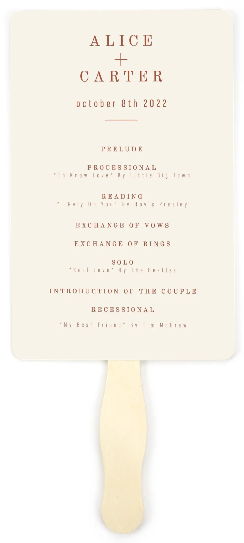 This is a 5" x 7⅞" Wedding Program Fan called Turning Leaves printed in full color on Premium Smooth paper