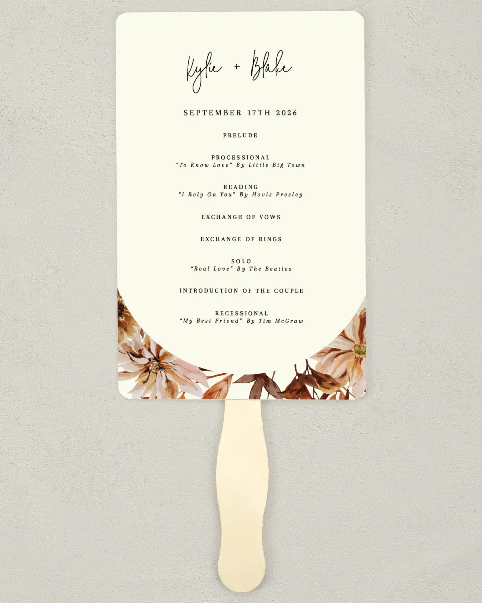 This is a 5" x 7⅞" Wedding Program Fan called Country Blooms printed in full color on Premium Smooth paper