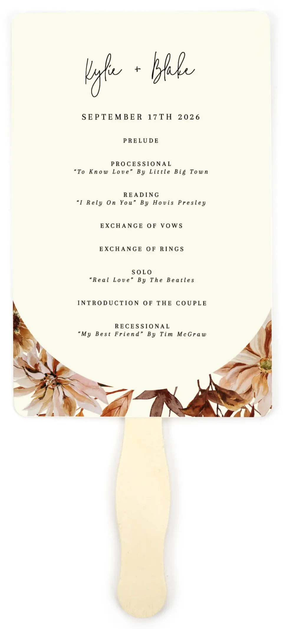 This is a 5" x 7⅞" Wedding Program Fan called Country Blooms printed in full color on Premium Smooth paper