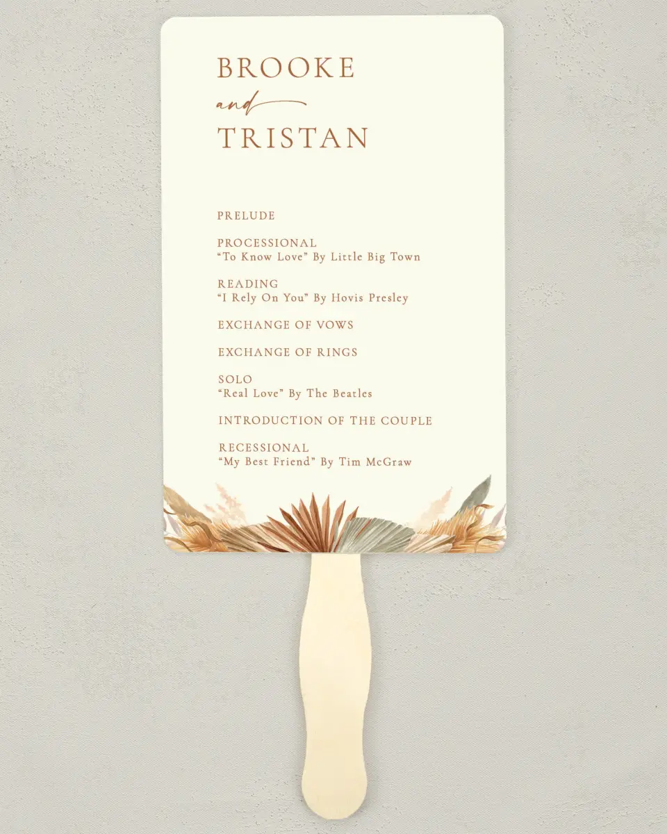 This is a 5" x 7⅞" Wedding Program Fan called Sandy Fronds printed in full color on Premium Smooth paper