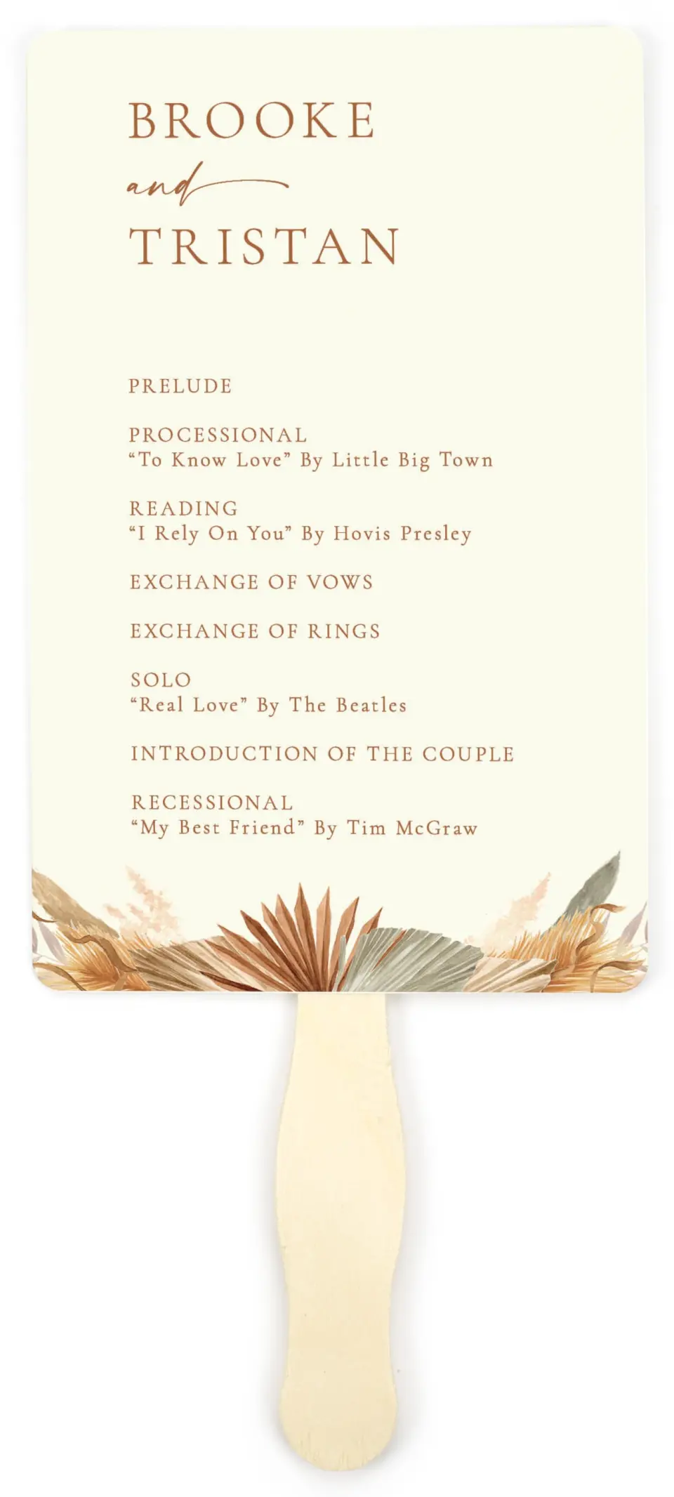 This is a 5" x 7⅞" Wedding Program Fan called Sandy Fronds printed in full color on Premium Smooth paper
