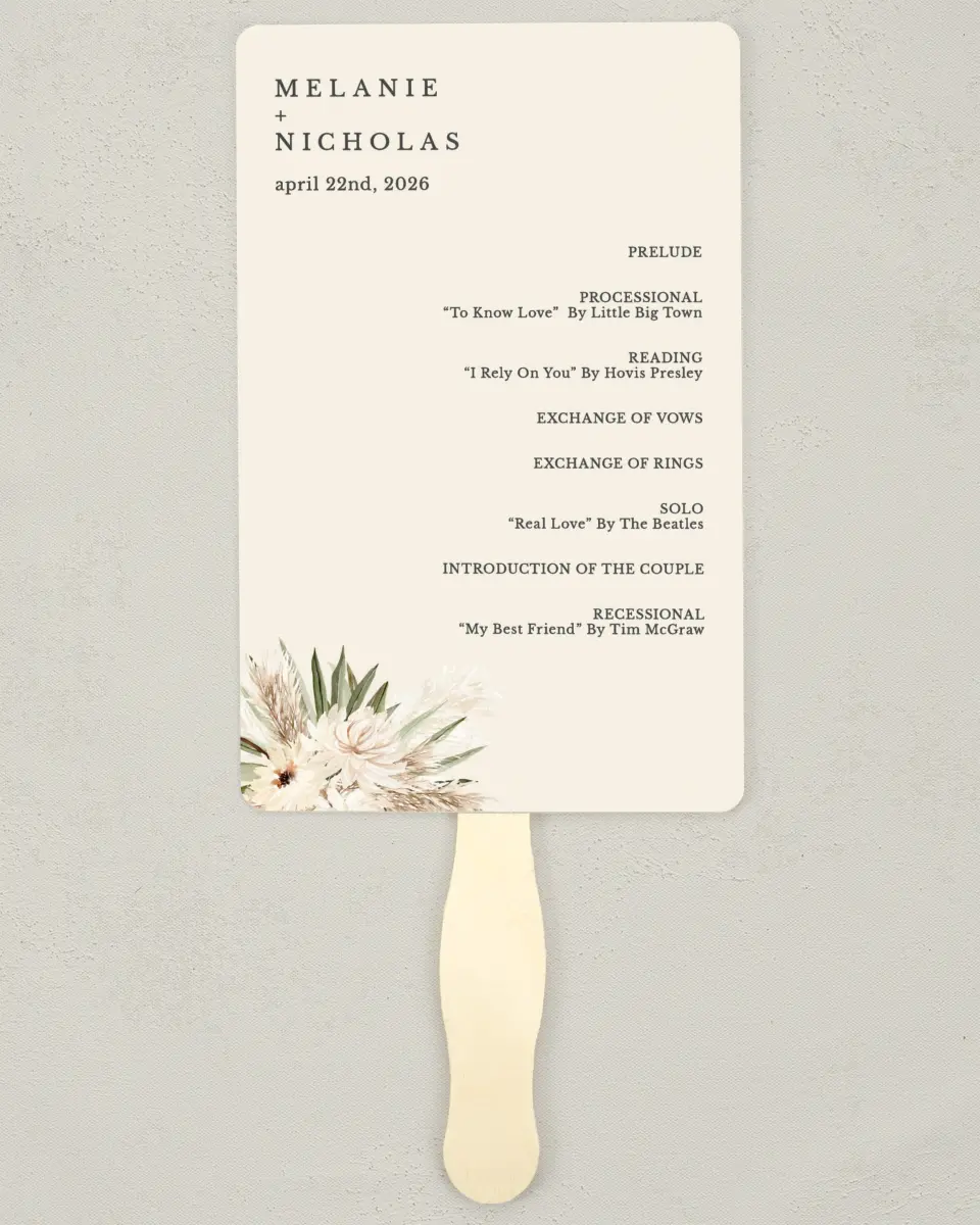 This is a 5" x 7⅞" Wedding Program Fan called Natural Boho printed in full color on Premium Smooth paper