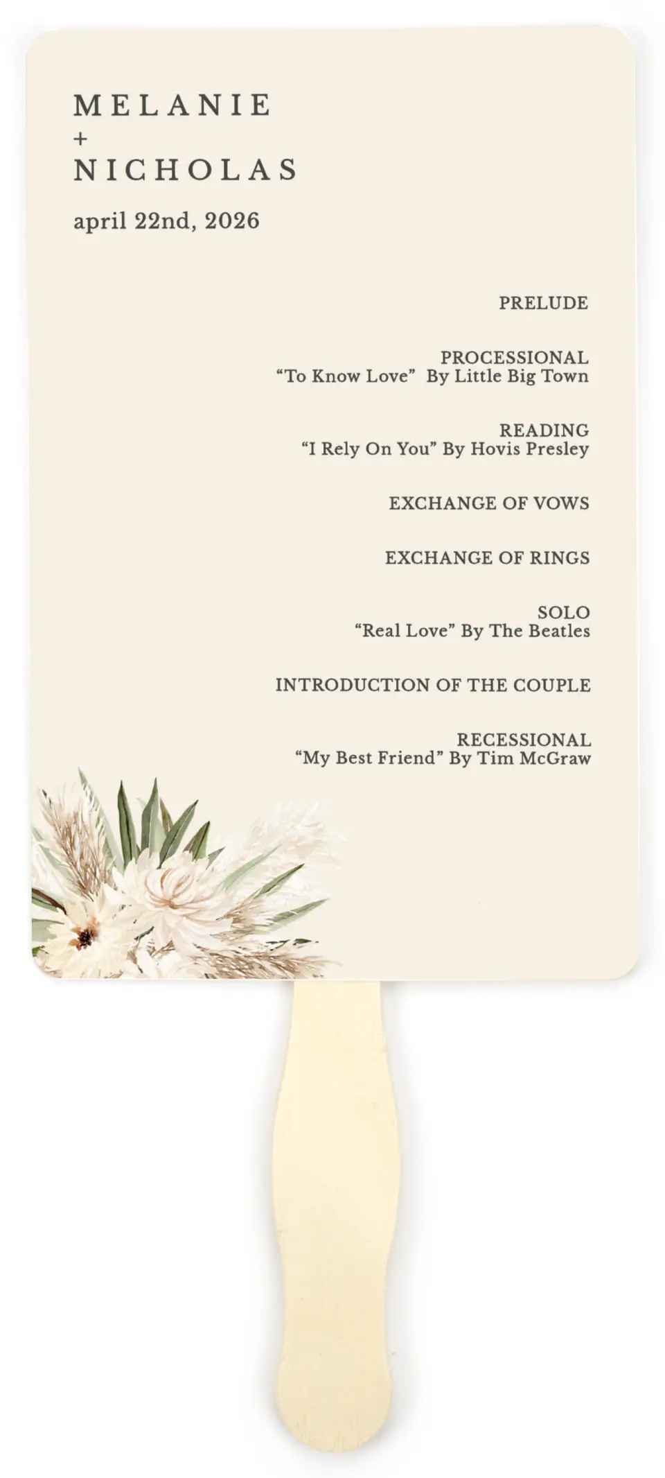 This is a 5" x 7⅞" Wedding Program Fan called Natural Boho printed in full color on Premium Smooth paper