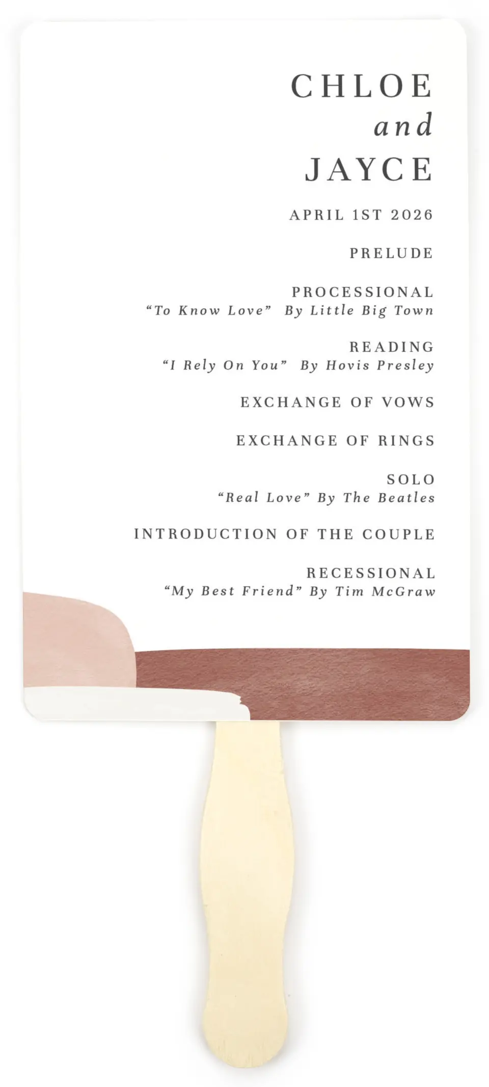 This is a 5" x 7⅞" Wedding Program Fan called Mod Paint printed in full color on Premium Smooth paper