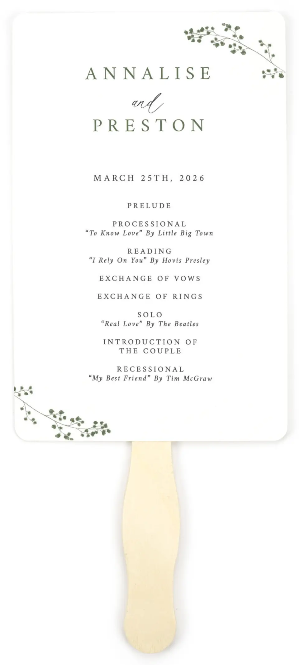 This is a 5" x 7⅞" Wedding Program Fan called Fresh Tendrils printed in full color with Gold foil on Luxe Satin (coated) paper