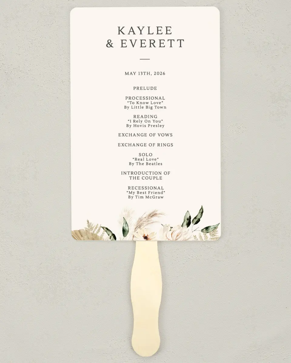 This is a 5" x 7⅞" Wedding Program Fan called Serene Flora printed in full color on Premium Smooth paper