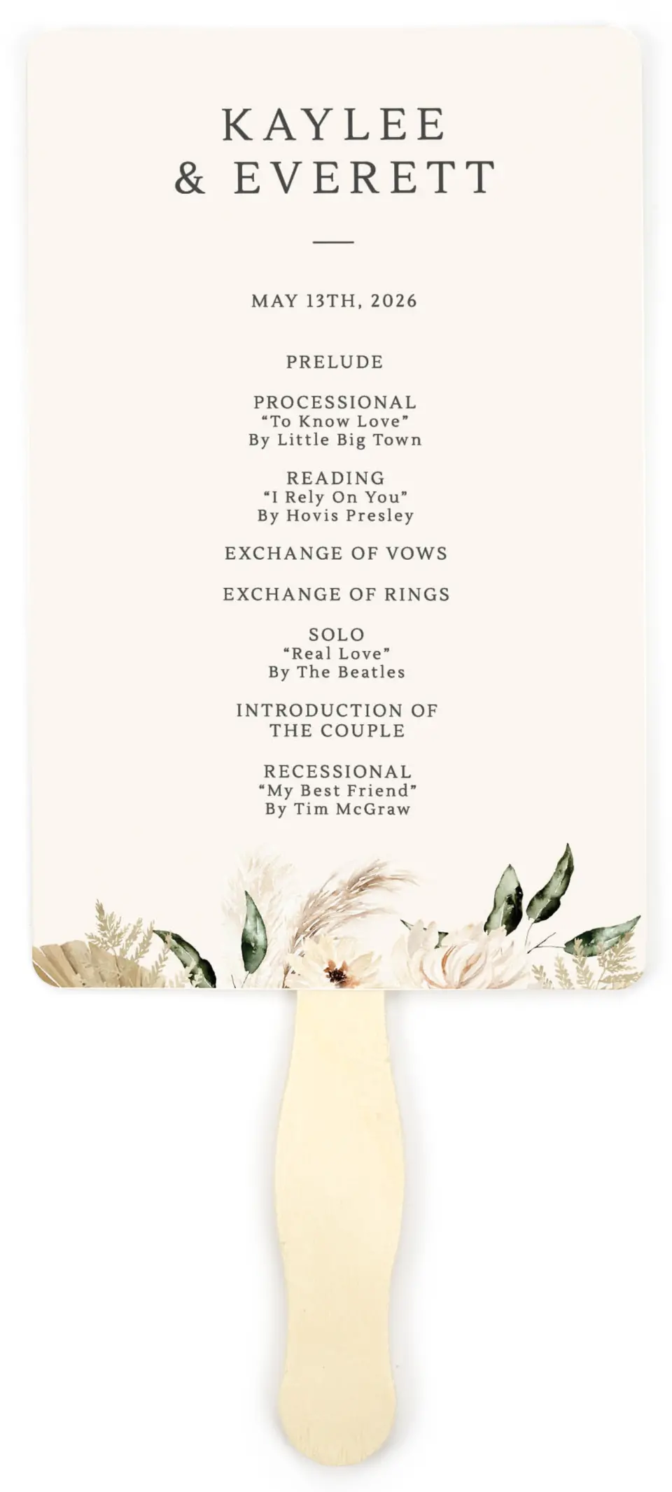 This is a 5" x 7⅞" Wedding Program Fan called Serene Flora printed in full color on Premium Smooth paper
