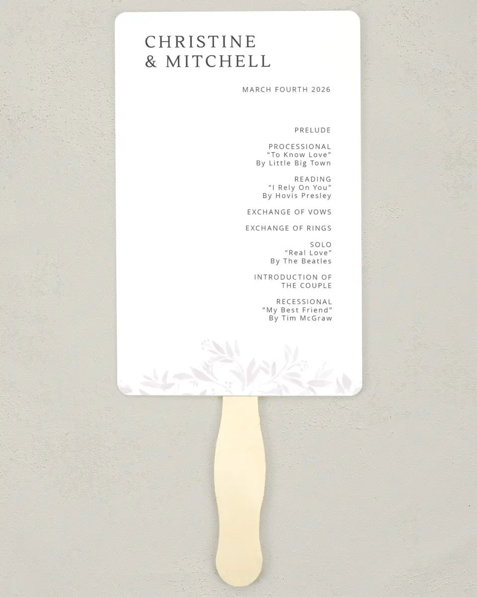 This is a 5" x 7⅞" Wedding Program Fan called Lush Leaves printed in full color on Premium Smooth paper