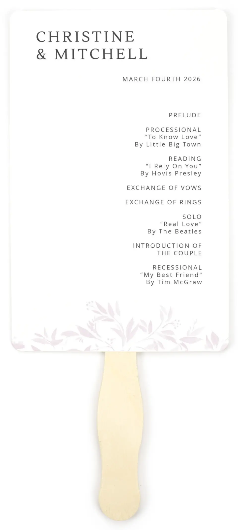 This is a 5" x 7⅞" Wedding Program Fan called Lush Leaves printed in full color on Premium Smooth paper