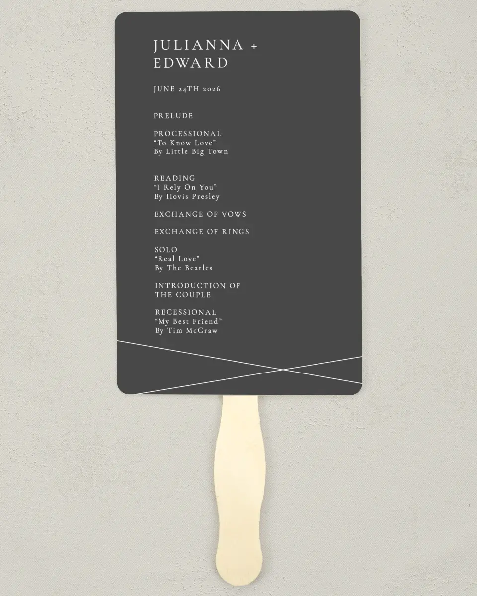 This is a 5" x 7⅞" Wedding Program Fan called Distinct Lines printed in full color on Premium Smooth paper