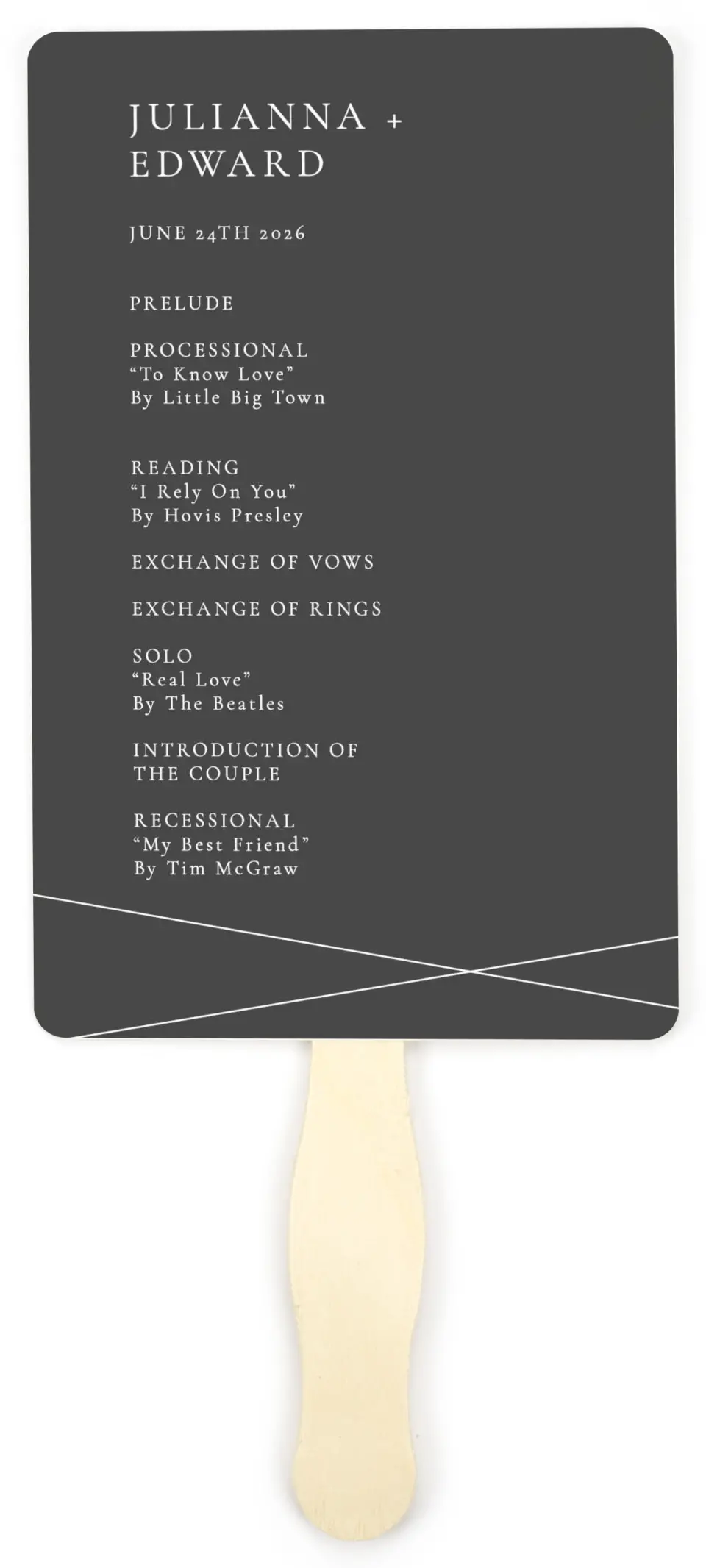 This is a 5" x 7⅞" Wedding Program Fan called Distinct Lines printed in full color on Premium Smooth paper