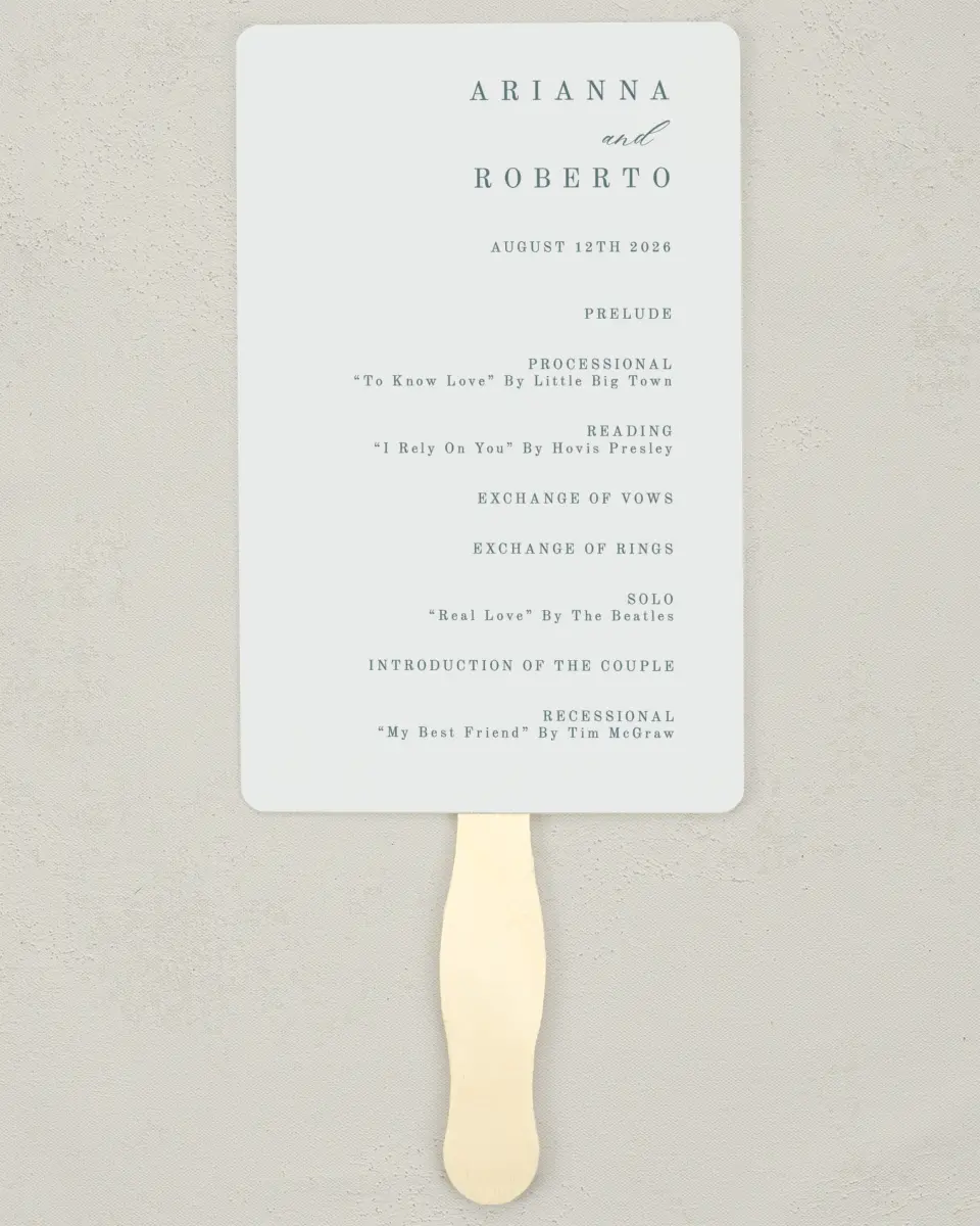 This is a 5" x 7⅞" Wedding Program Fan called Growing Arc printed in full color on Premium Smooth paper
