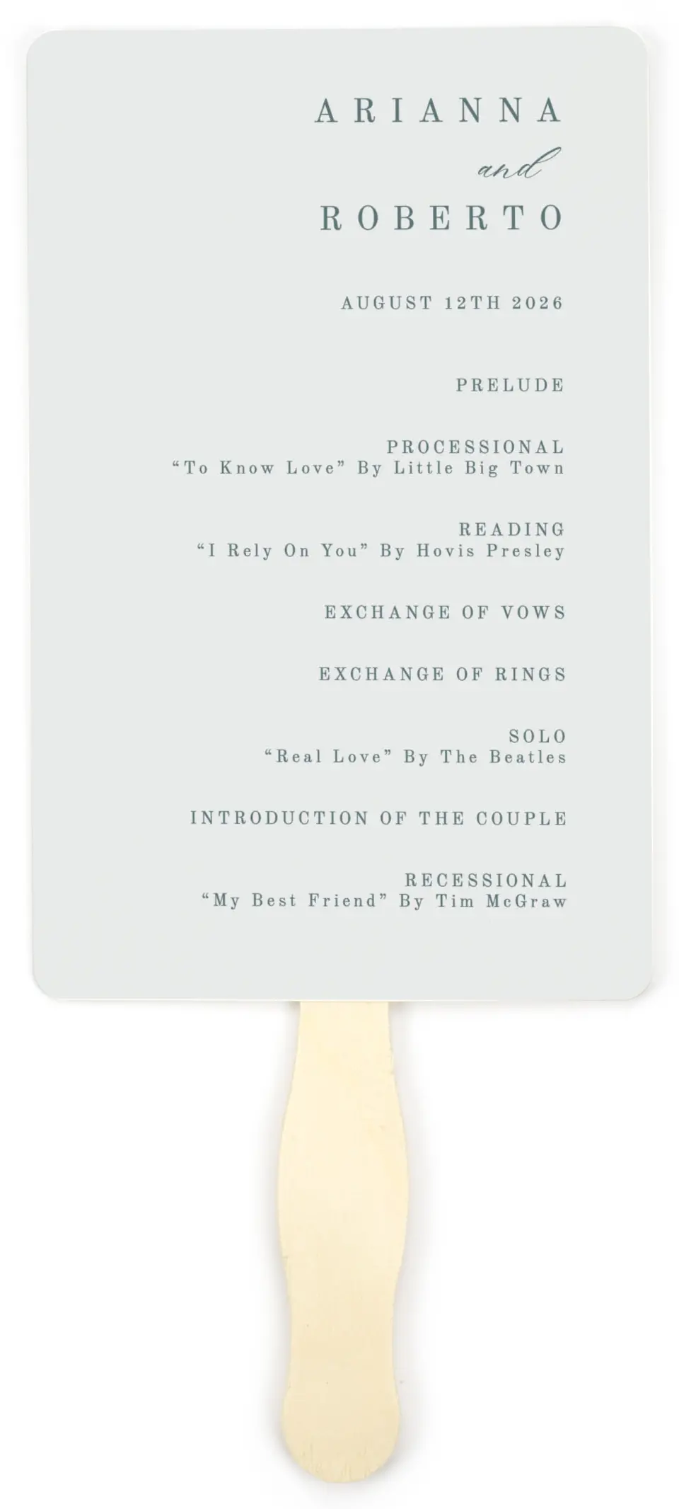 This is a 5" x 7⅞" Wedding Program Fan called Growing Arc printed in full color with Gold foil on Luxe Satin (coated) paper