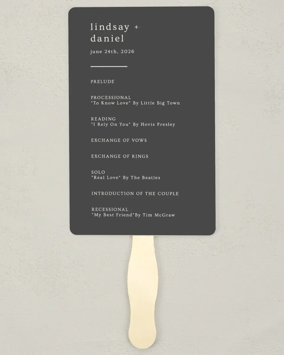 This is a 5" x 7⅞" Wedding Program Fan called Simple Gathering printed in full color on Premium Smooth paper