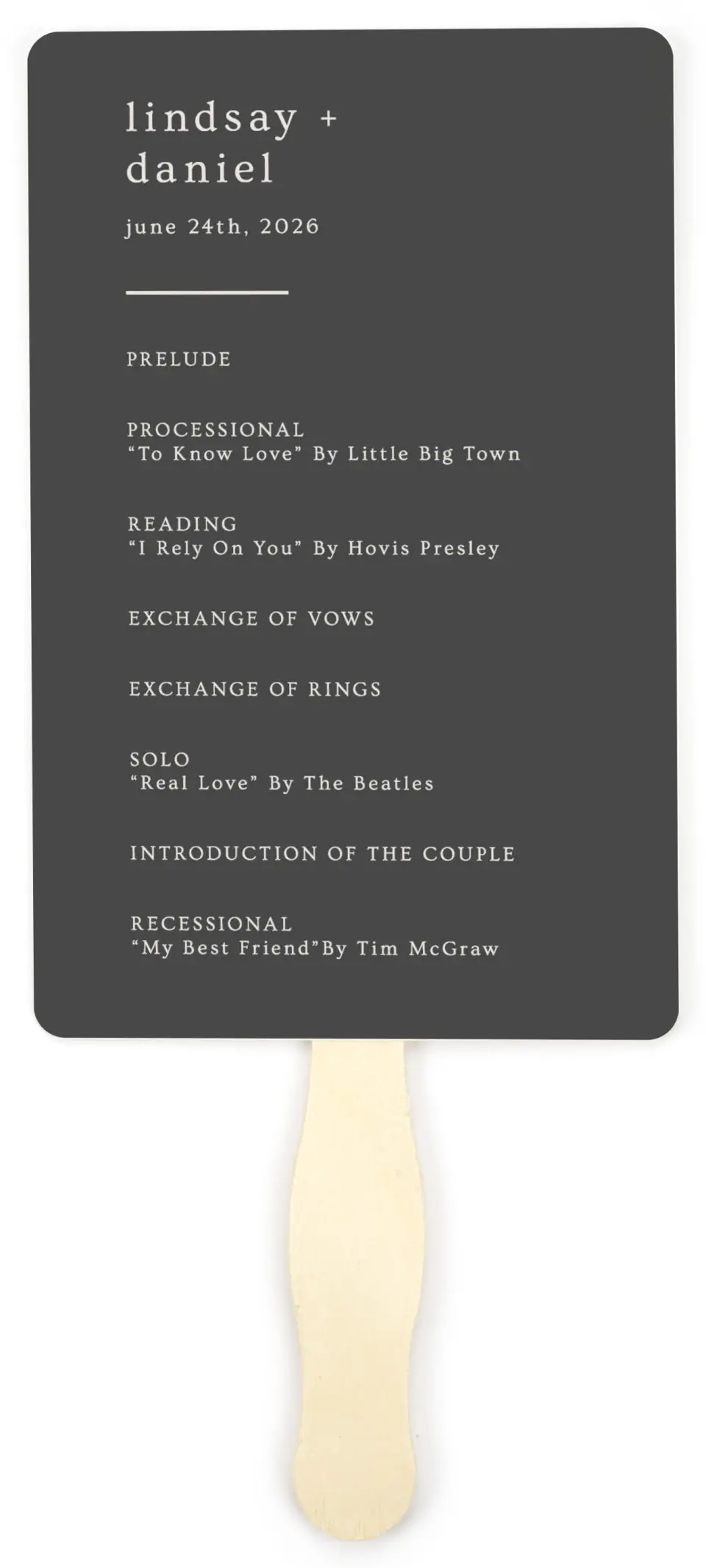 This is a 5" x 7⅞" Wedding Program Fan called Simple Gathering printed in full color on Premium Smooth paper
