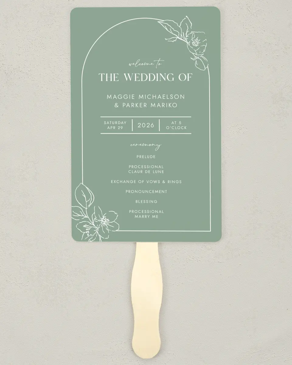 This is a 5" x 7⅞" Wedding Program Fan called Blossoming Arch printed in full color with Rose Gold foil on Luxe Satin (coated) paper