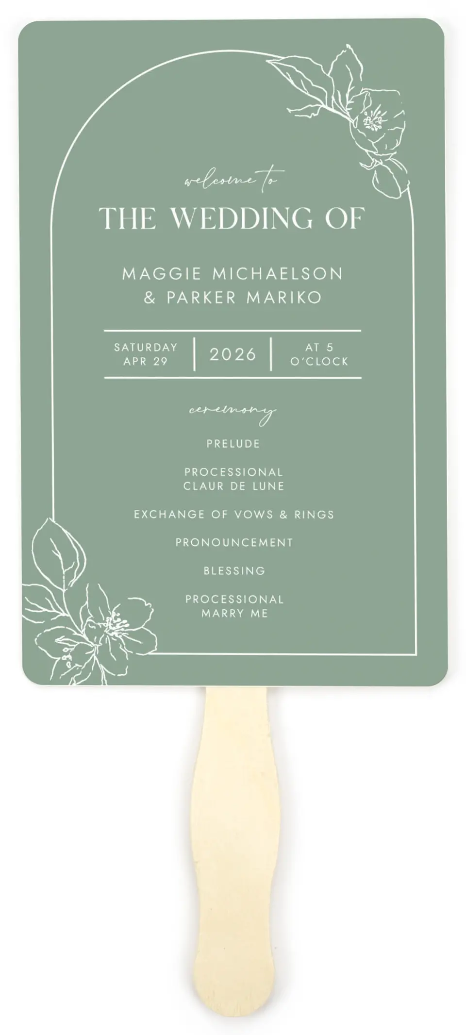 This is a 5" x 7⅞" Wedding Program Fan called Blossoming Arch printed in full color on Premium Smooth paper