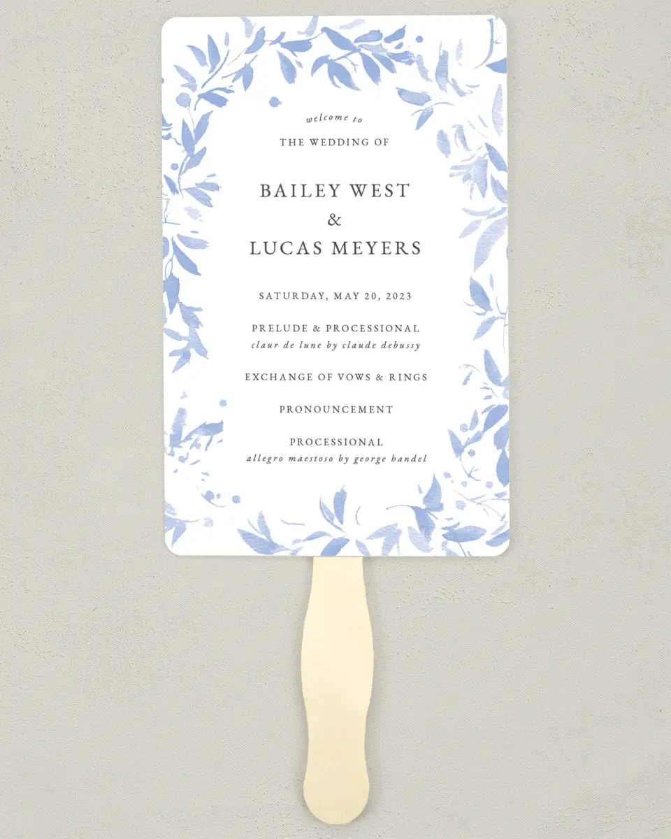 This is a 5" x 7⅞" Wedding Program Fan called Soft Botanics printed in full color on Premium Smooth paper