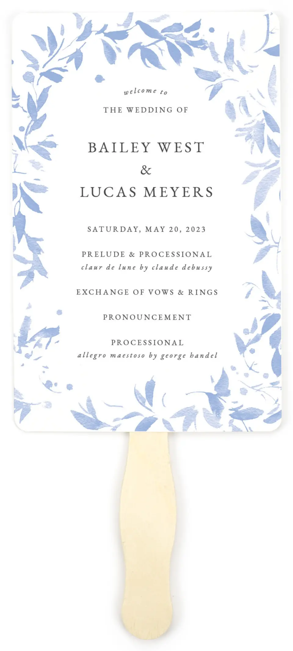 This is a 5" x 7⅞" Wedding Program Fan called Soft Botanics printed in full color on Premium Smooth paper