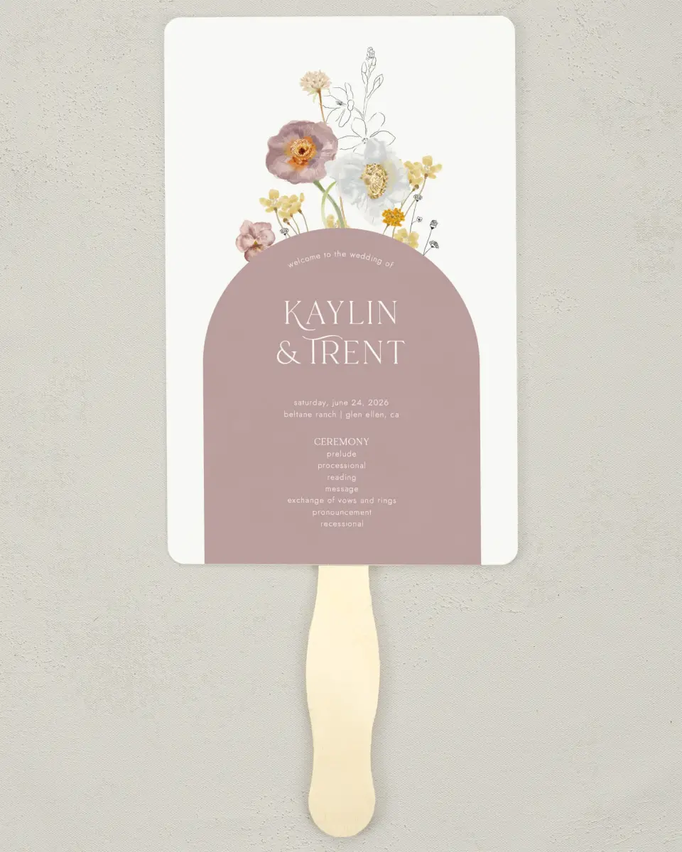 This is a 5" x 7⅞" Wedding Program Fan called Enchanting Wildflowers printed in full color on Premium Smooth paper