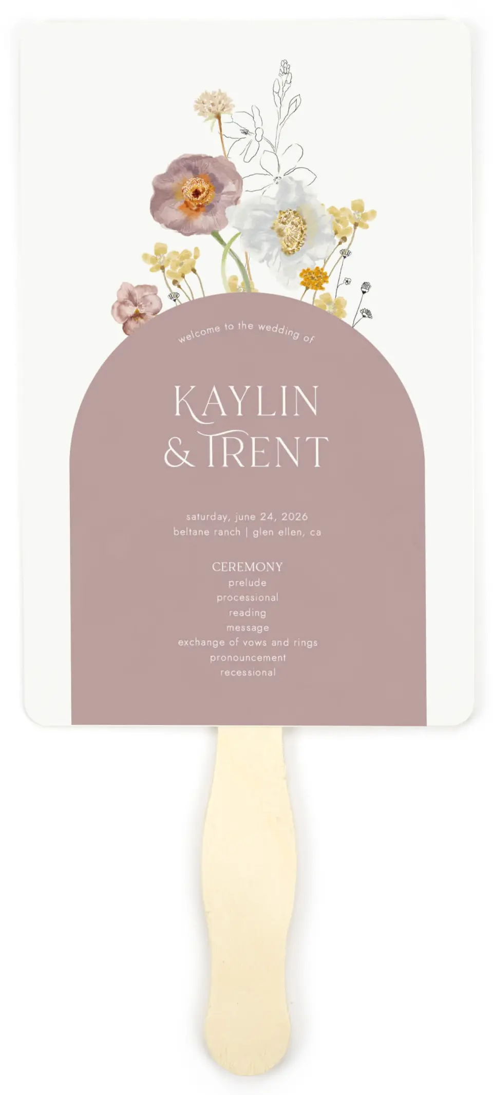 This is a 5" x 7⅞" Wedding Program Fan called Enchanting Wildflowers printed in full color on Premium Smooth paper
