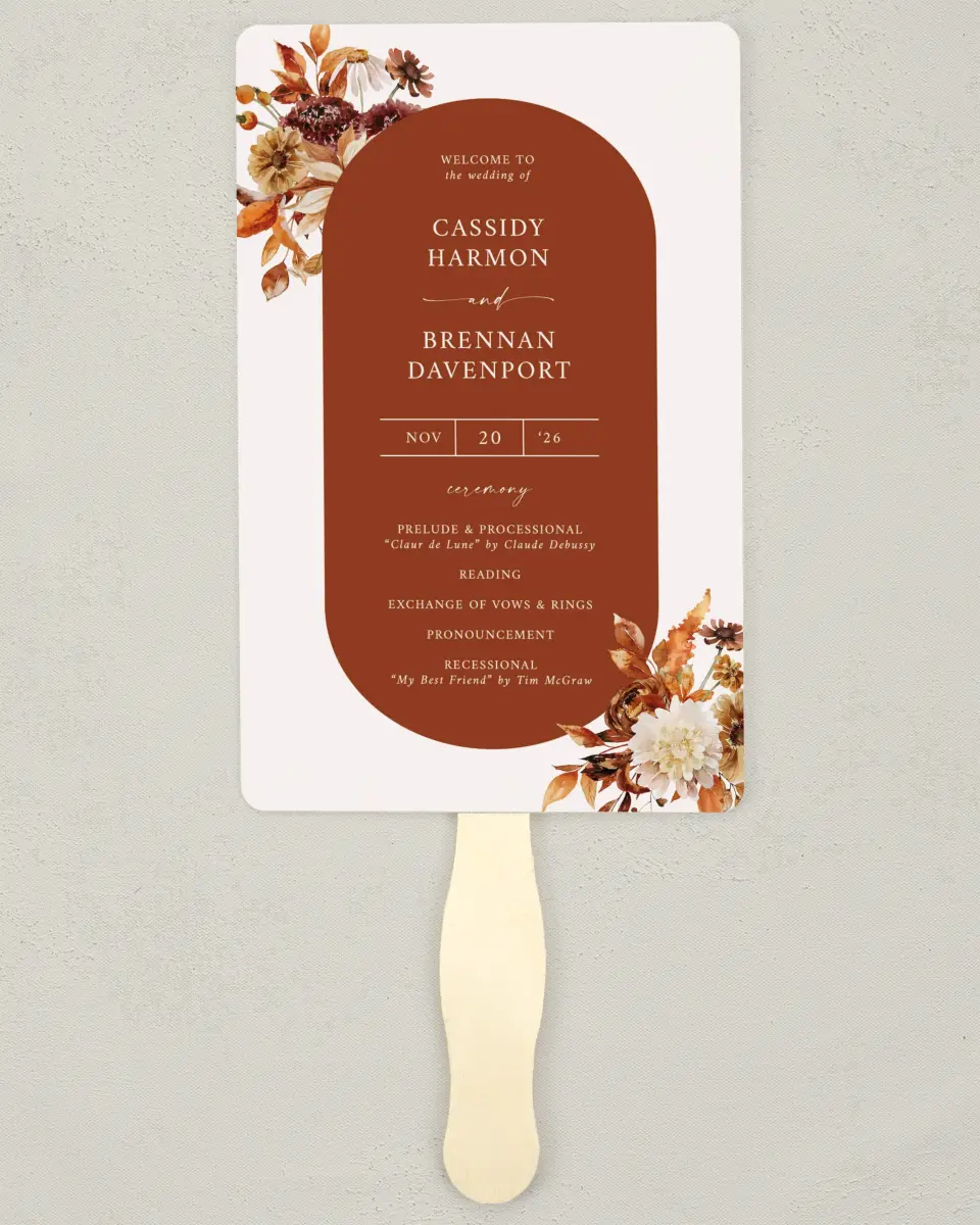 This is a 5" x 7⅞" Wedding Program Fan called Autumn Florals printed in full color on Premium Smooth paper