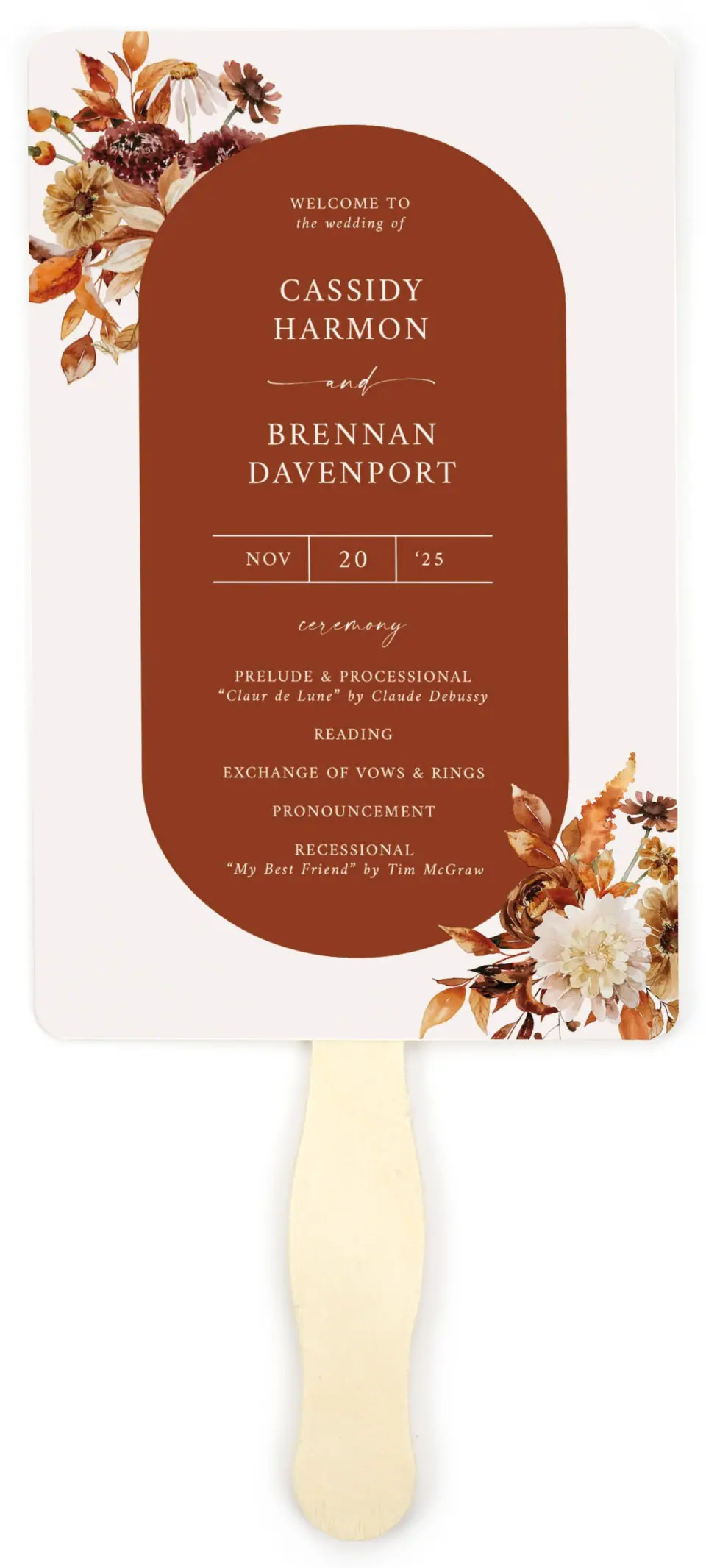 This is a 5" x 7⅞" Wedding Program Fan called Autumn Florals printed in full color on Premium Smooth paper