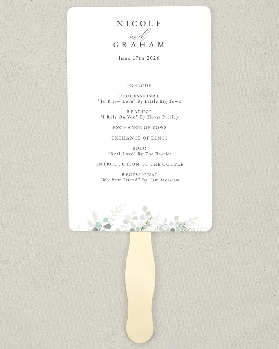 This is a 5" x 7⅞" Wedding Program Fan called Elegant Greenery printed in full color on Premium Smooth paper
