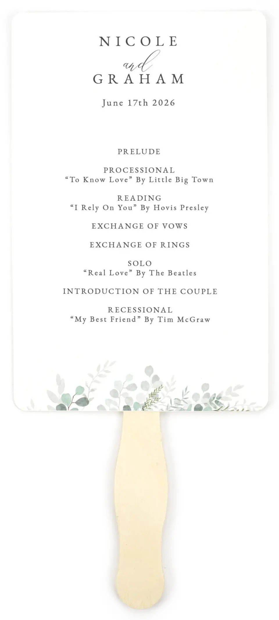 This is a 5" x 7⅞" Wedding Program Fan called Elegant Greenery printed in full color on Premium Smooth paper