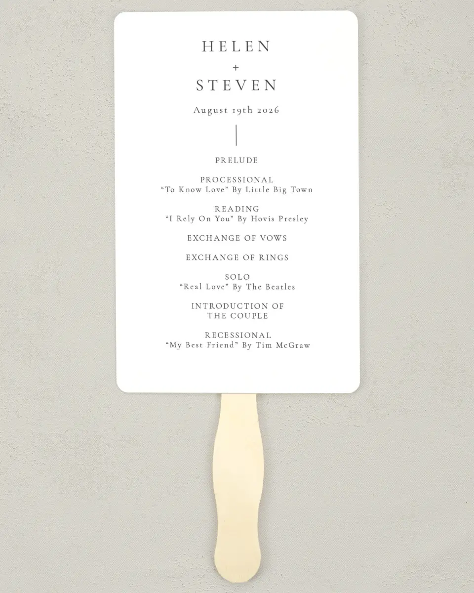 This is a 5" x 7⅞" Wedding Program Fan called Quiet Scene printed in full color on Premium Smooth paper