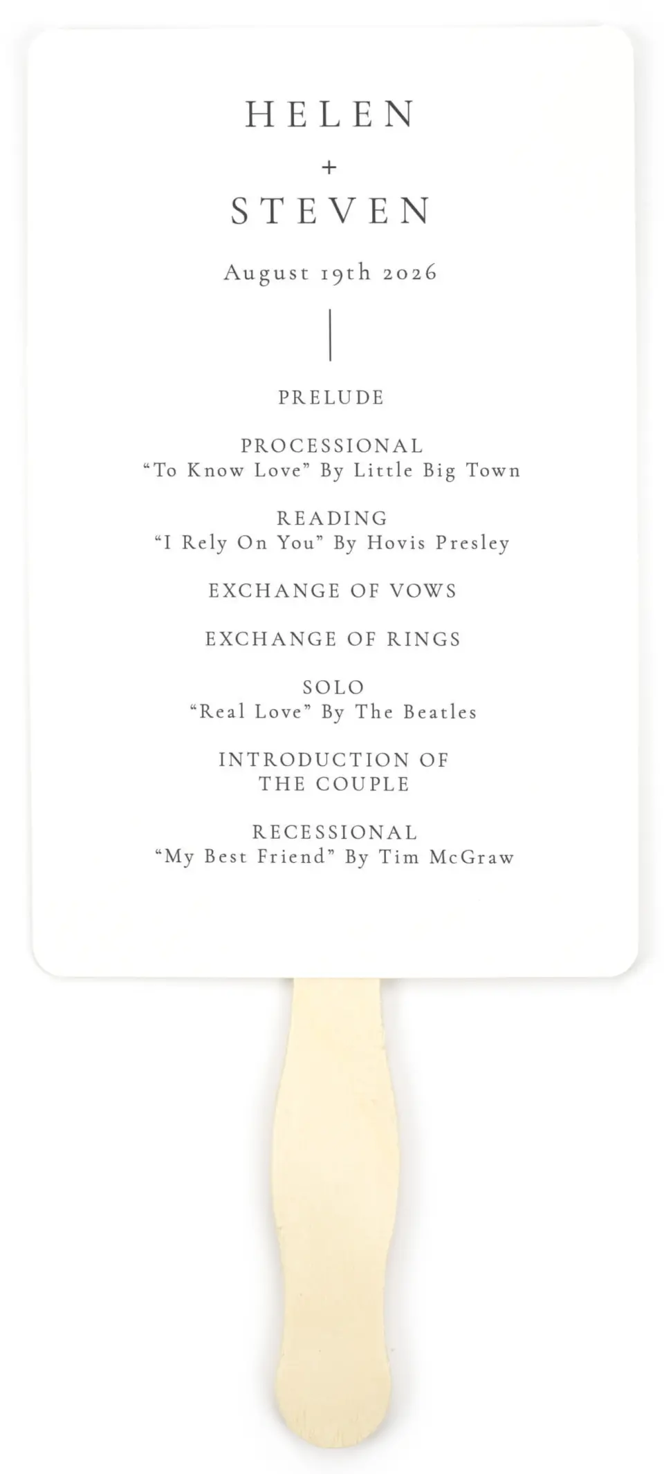 This is a 5" x 7⅞" Wedding Program Fan called Quiet Scene printed in full color on Premium Smooth paper