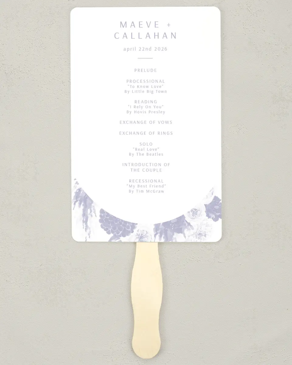This is a 5" x 7⅞" Wedding Program Fan called Sweet Botanical printed in full color on Premium Smooth paper
