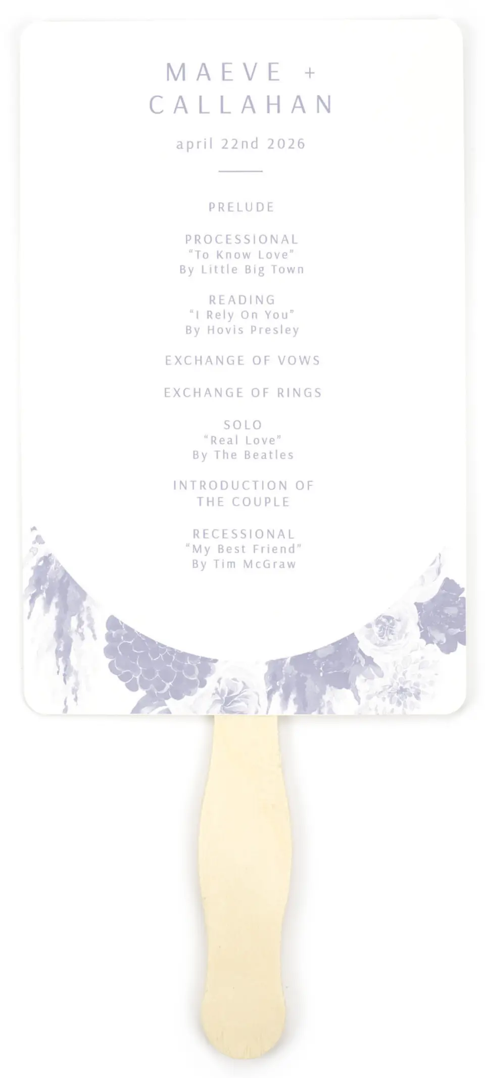 This is a 5" x 7⅞" Wedding Program Fan called Sweet Botanical printed in full color on Premium Smooth paper