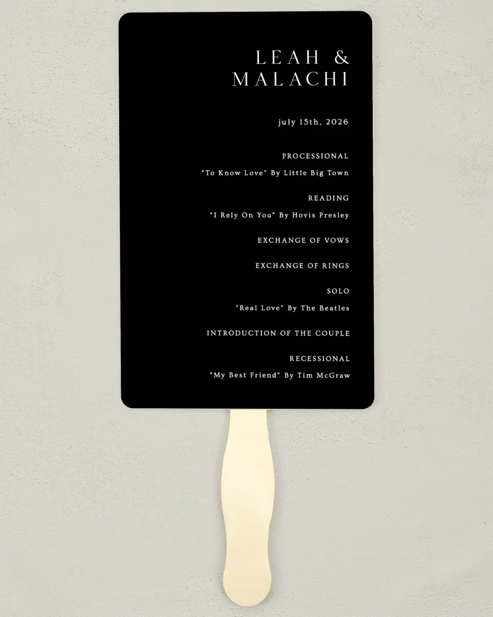 This is a 5" x 7⅞" Wedding Program Fan called Precise Promise printed in full color with Rose Gold foil on Luxe Satin (coated) paper