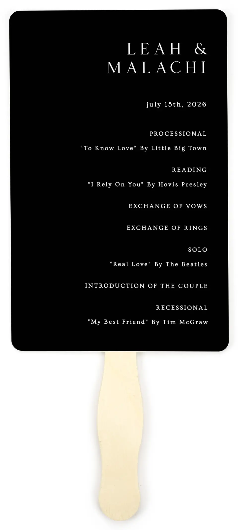 This is a 5" x 7⅞" Wedding Program Fan called Precise Promise printed in full color on Premium Smooth paper