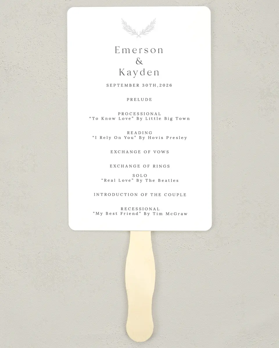 This is a 5" x 7⅞" Wedding Program Fan called Soft Sprig printed in full color on Premium Smooth paper