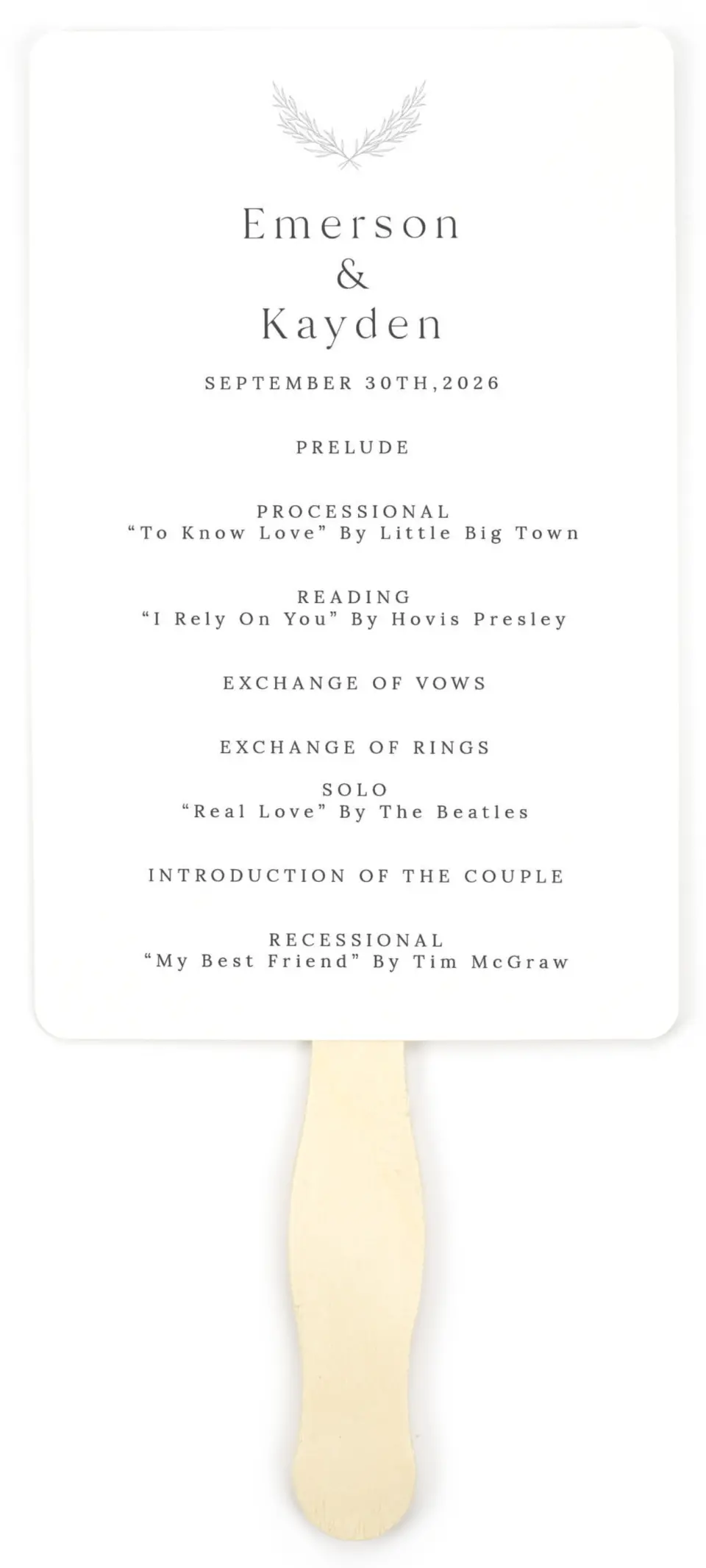 This is a 5" x 7⅞" Wedding Program Fan called Soft Sprig printed in full color on Premium Smooth paper