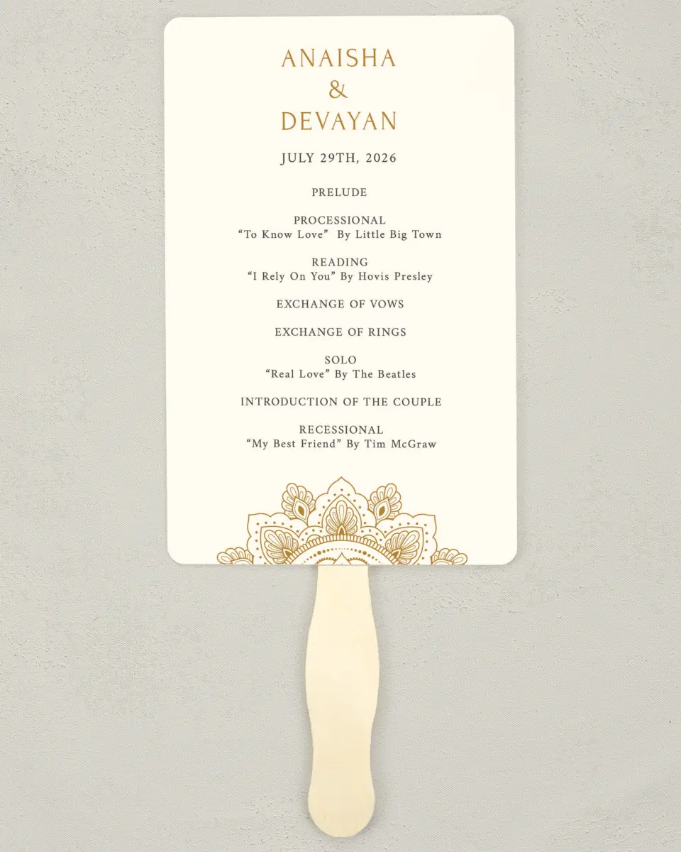 This is a 5" x 7⅞" Wedding Program Fan called Indian Mandala printed in full color on Premium Smooth paper