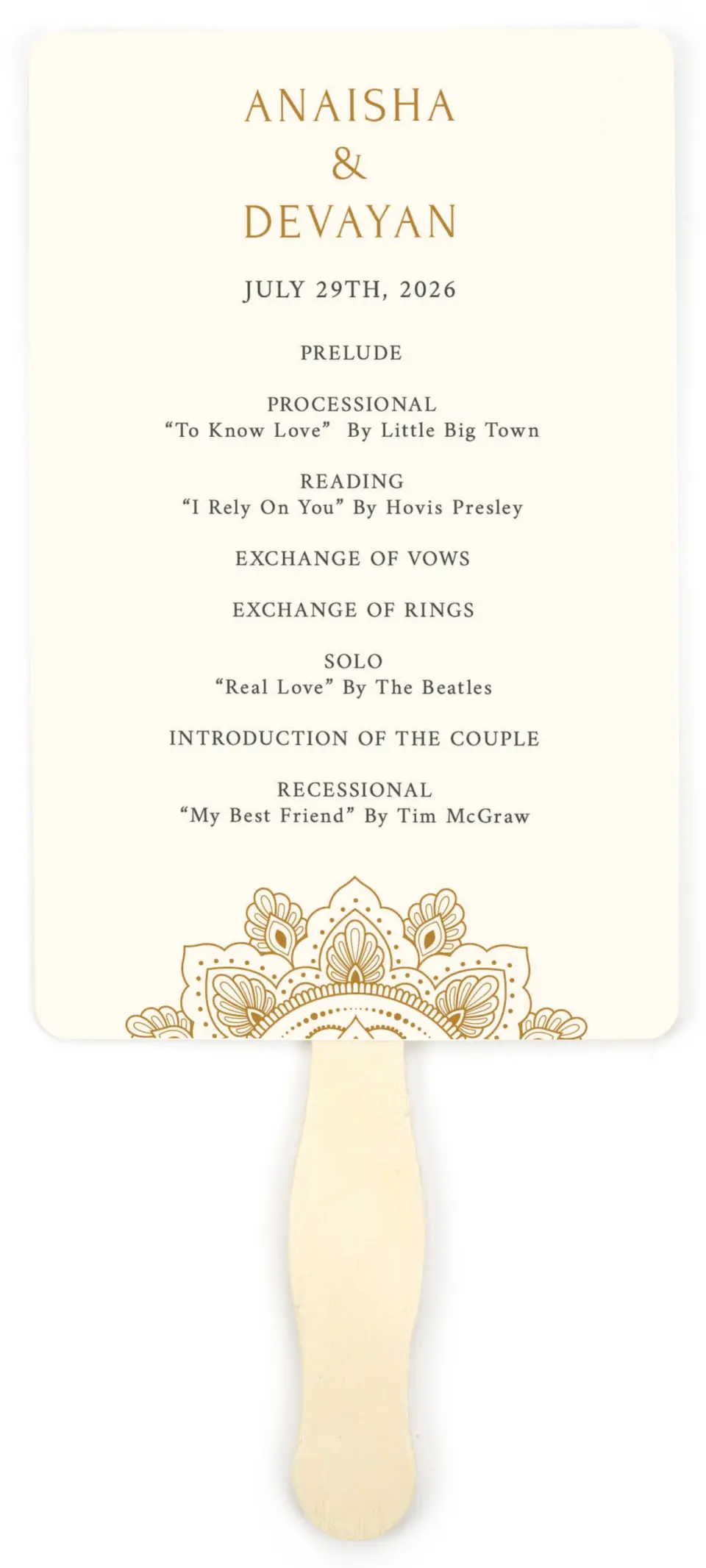 This is a 5" x 7⅞" Wedding Program Fan called Indian Mandala printed in full color on Premium Smooth paper