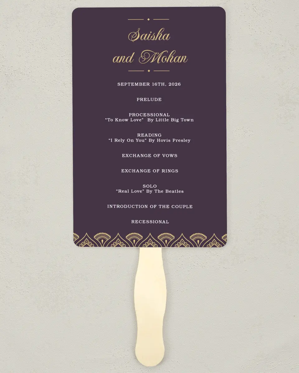 This is a 5" x 7⅞" Wedding Program Fan called Royal Pattern printed in full color on Premium Smooth paper