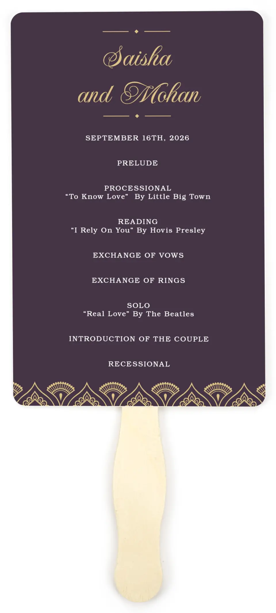 This is a 5" x 7⅞" Wedding Program Fan called Royal Pattern printed in full color on Premium Smooth paper