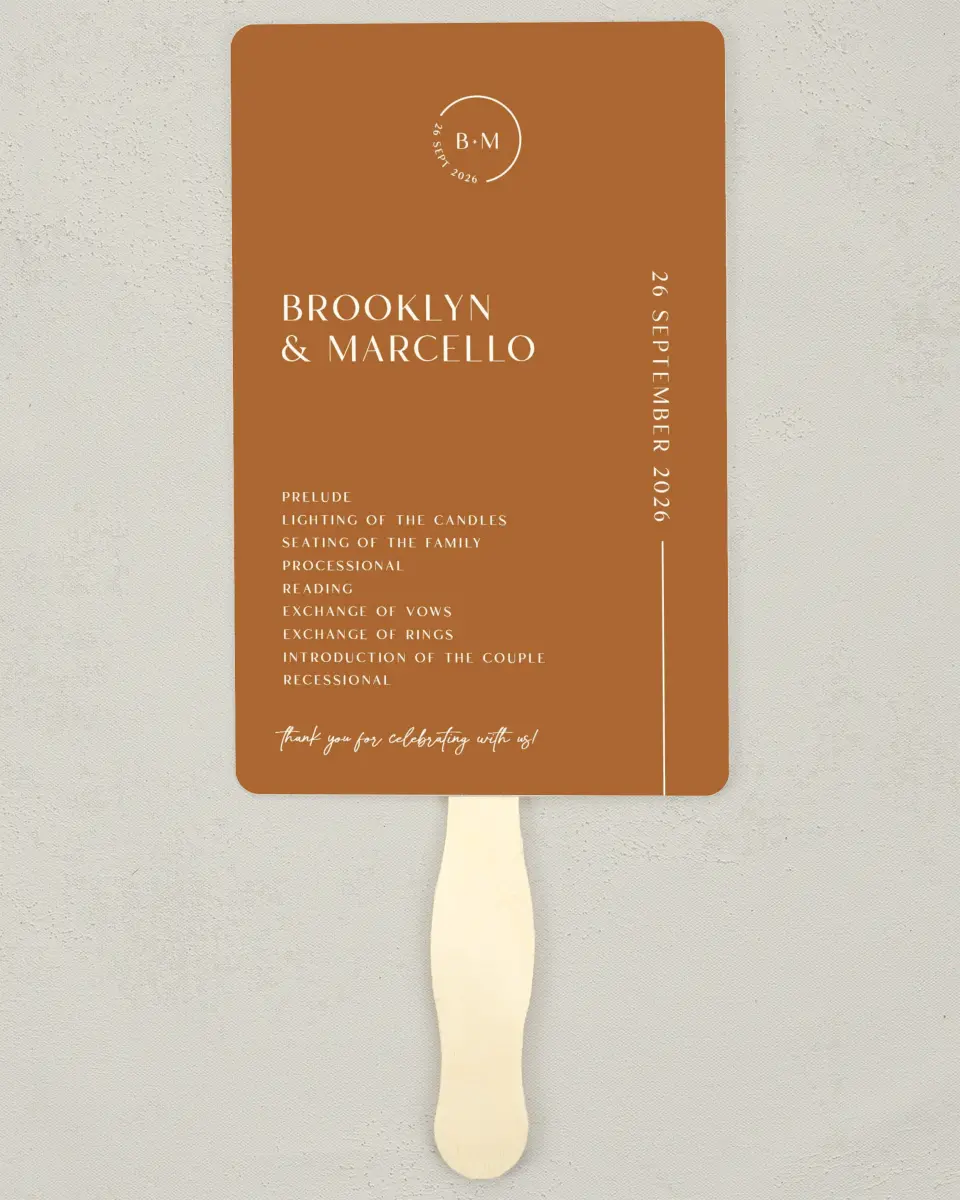 This is a 5" x 7⅞" Wedding Program Fan called The Brooklyn printed in full color on Premium Smooth paper