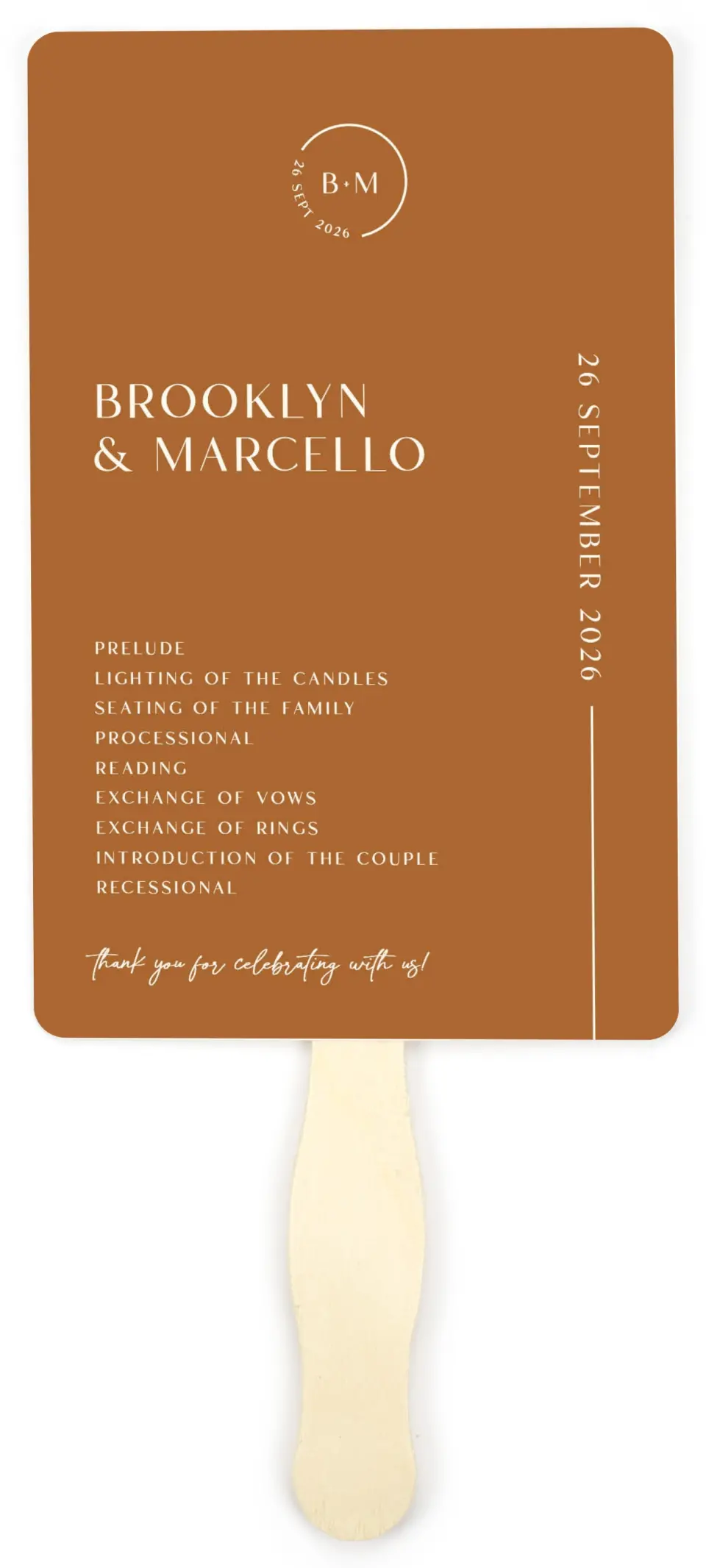 This is a 5" x 7⅞" Wedding Program Fan called The Brooklyn printed in full color on Premium Smooth paper