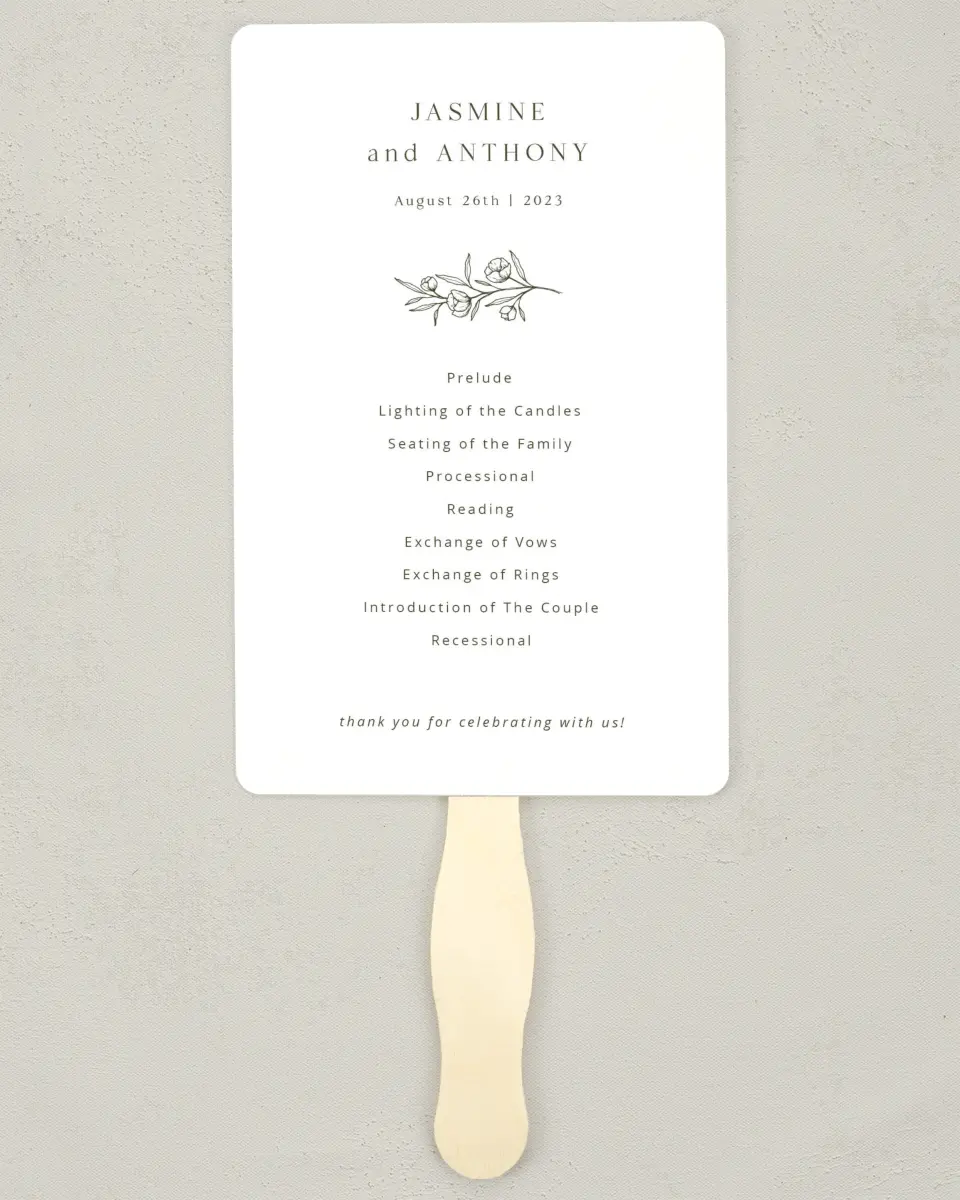 This is a 5" x 7⅞" Wedding Program Fan called The Jasmine printed in full color on Premium Smooth paper