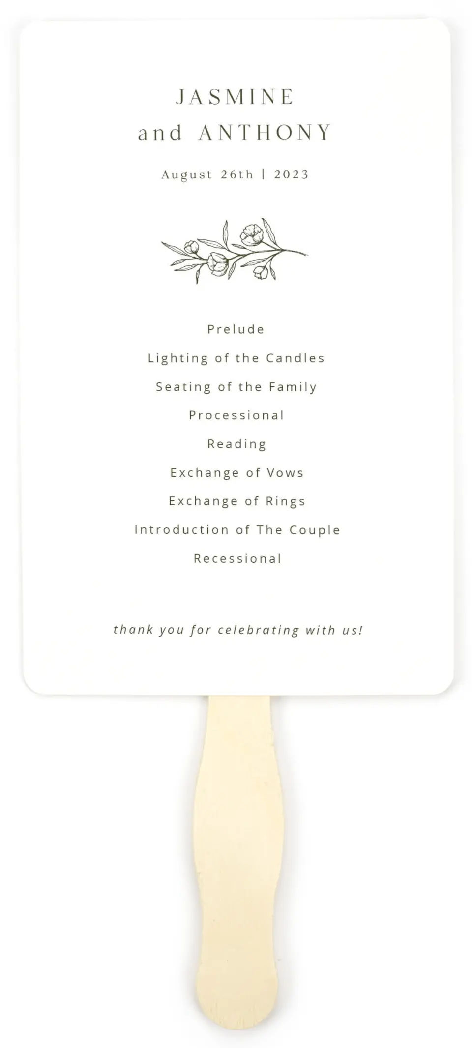 This is a 5" x 7⅞" Wedding Program Fan called The Jasmine printed in full color on Premium Smooth paper