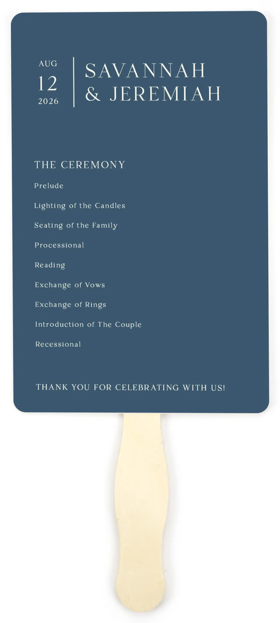 This is a 5" x 7⅞" Wedding Program Fan called The Savannah printed in full color on Premium Smooth paper