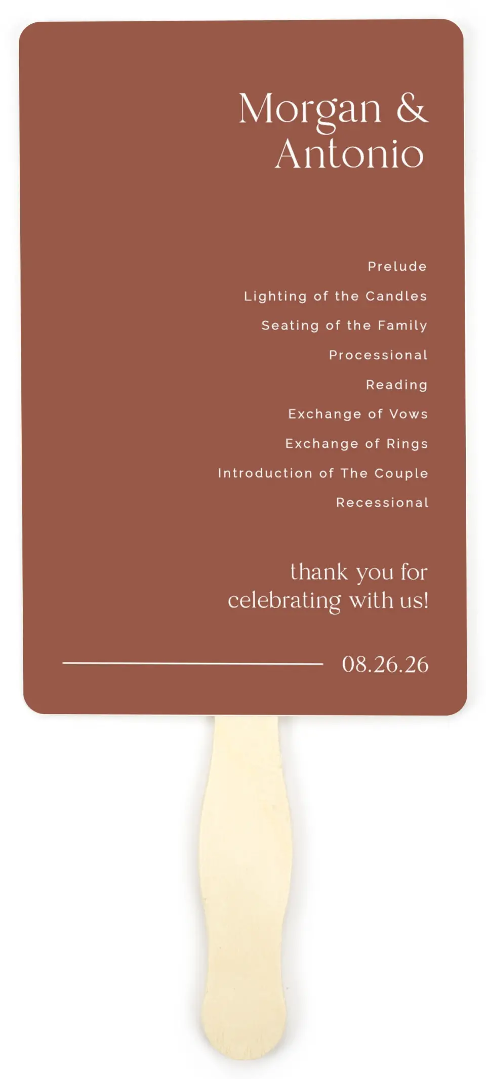 This is a 5" x 7⅞" Wedding Program Fan called The Morgan printed in full color on Premium Smooth paper