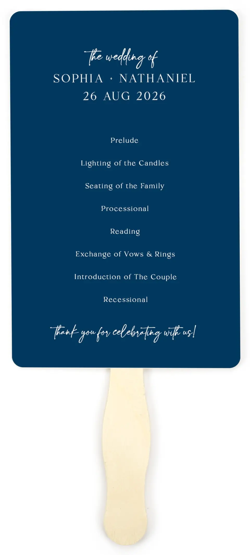 This is a 5" x 7⅞" Wedding Program Fan called The Sophia printed in full color on Premium Smooth paper